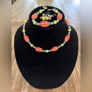 Handcrafted Coral, Lime & Blue Necklace, Bracelet and Earrings Set Women Jewelry